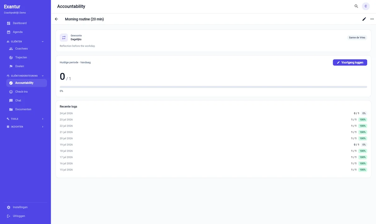 Accountability-items en check-ins die over sessies heen worden gevolgd in Exantur