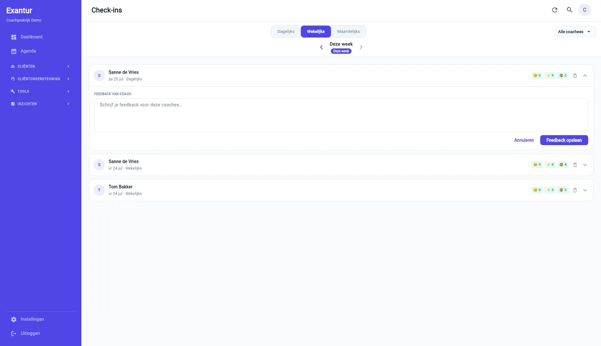 Check-ins tussen sessies in Exantur, vanuit de coach-weergave