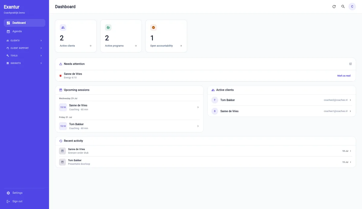 The Exantur dashboard: clients, sessions and progress in one overview